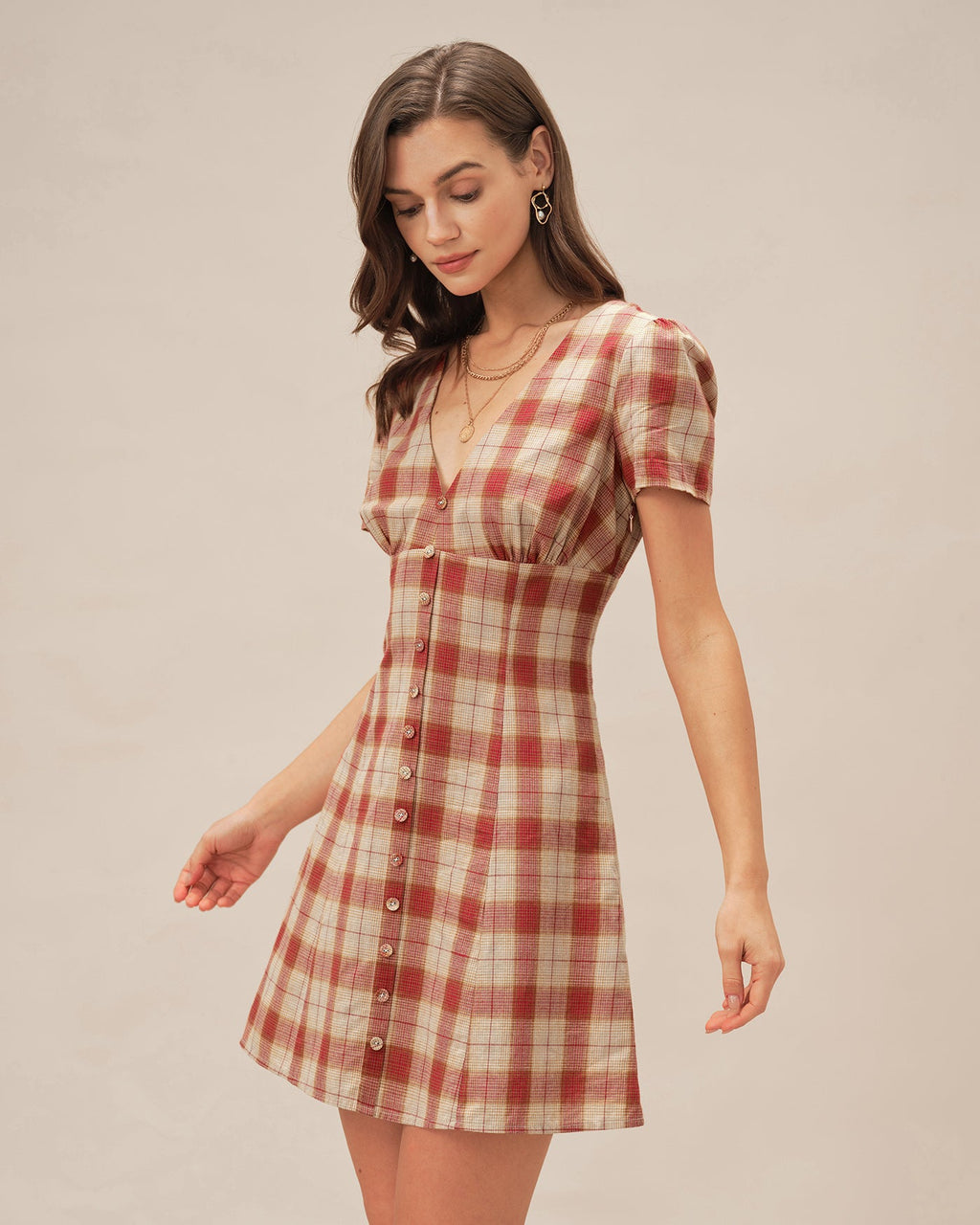 V-Neck Mini Dress in Red Plaid