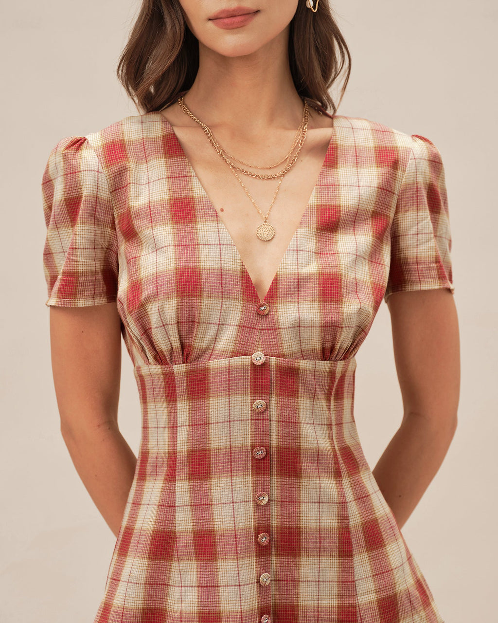 V-Neck Mini Dress in Red Plaid