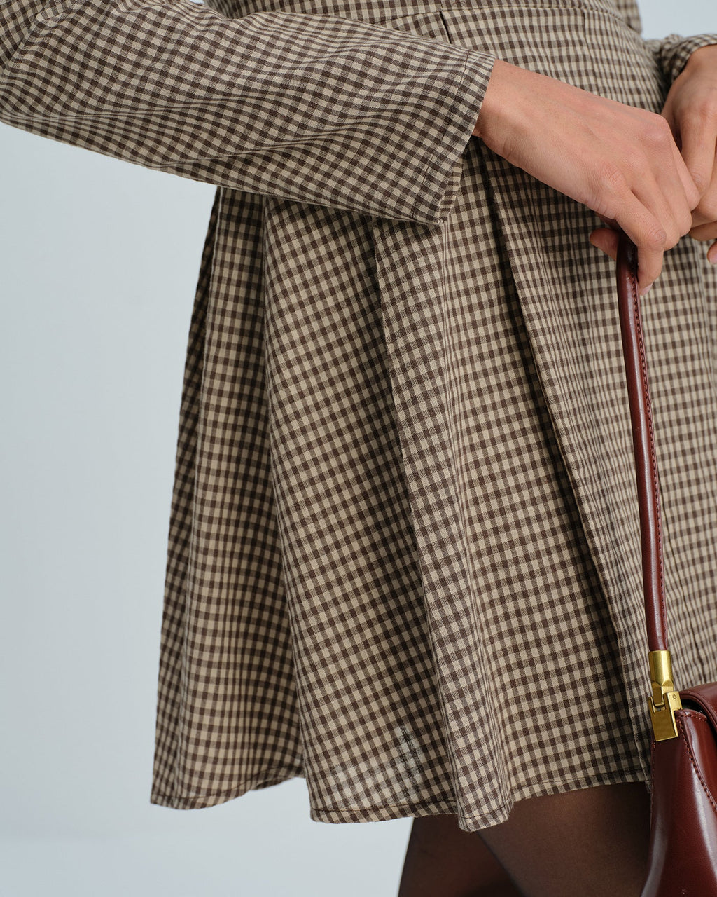 Brown Gingham Cotton Mini Dress with Collar