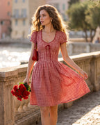 Plaid Mini Dress with Red V-Neck