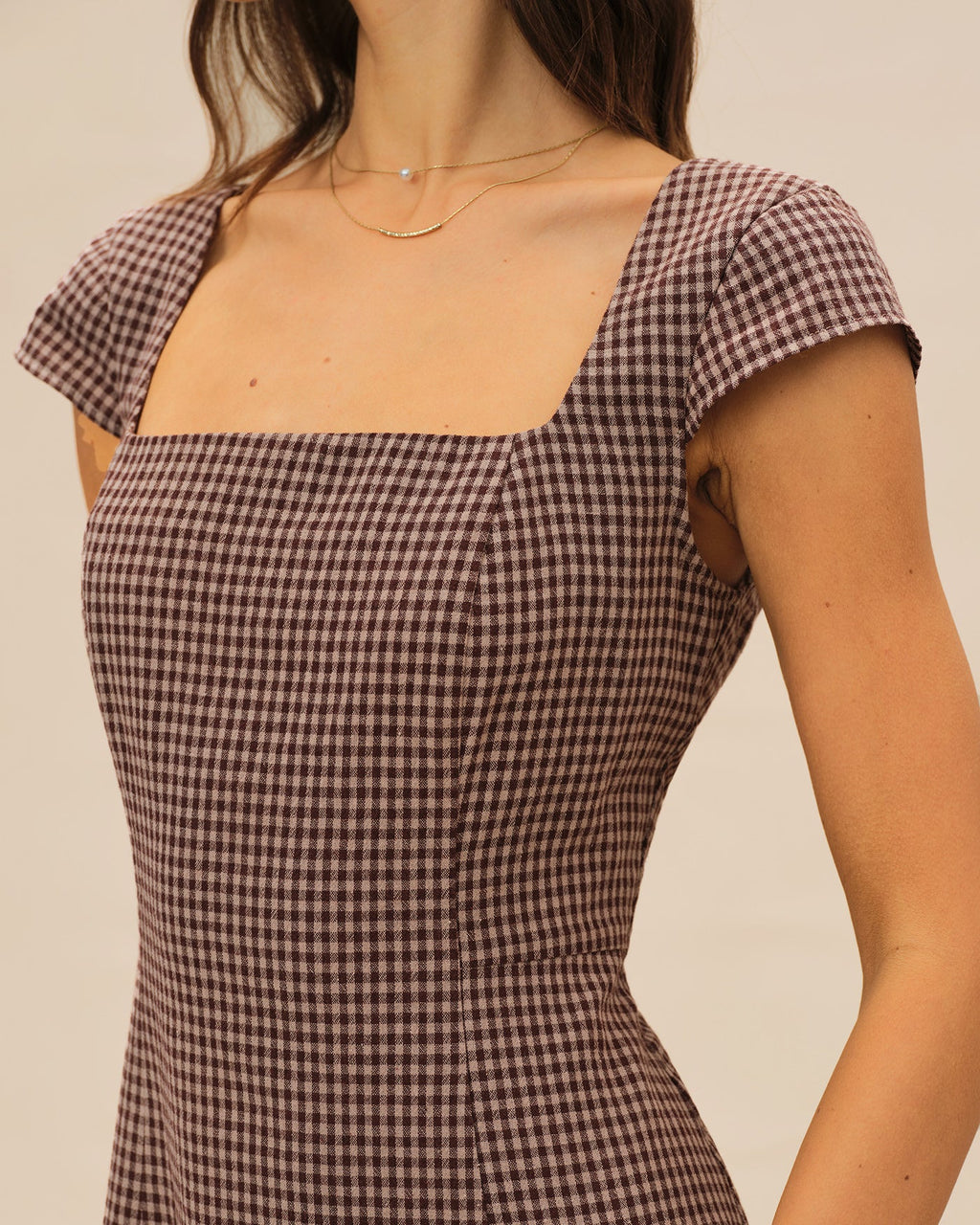 Plaid Mini Dress with Brown Square Neckline