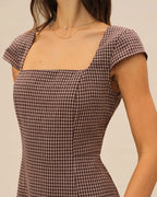Plaid Mini Dress with Brown Square Neckline