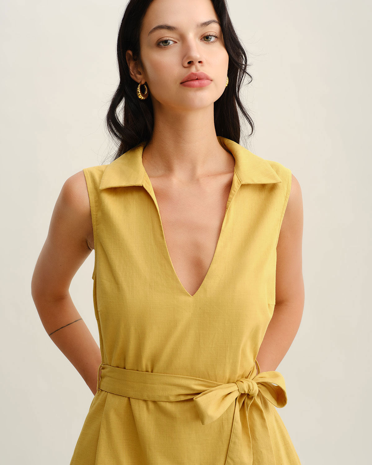 Yellow Sleeveless Mini Dress with Tie Waist