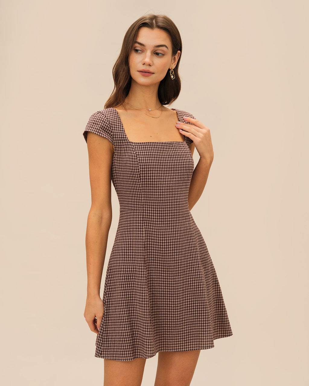 Plaid Mini Dress with Brown Square Neckline
