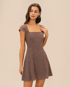 Plaid Mini Dress with Brown Square Neckline