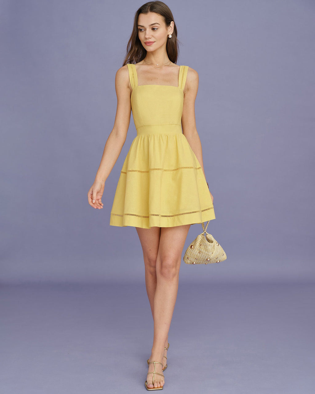Shirred Mini Dress with Square Neck in Yellow