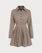 Plaid Mini Dress with Pleated Design in Brown