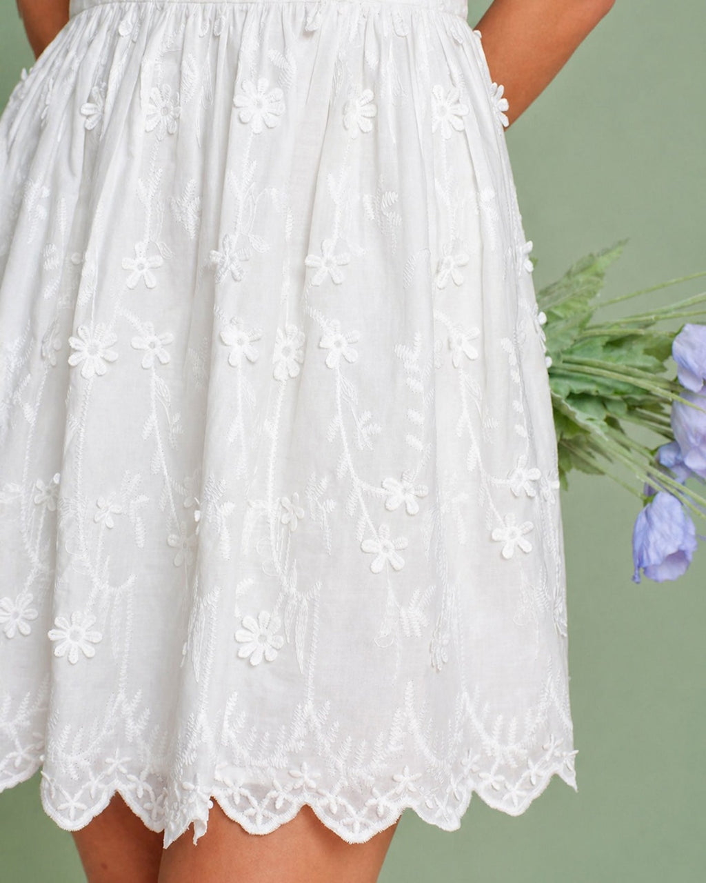 Mini Dress with White Floral Embroidery