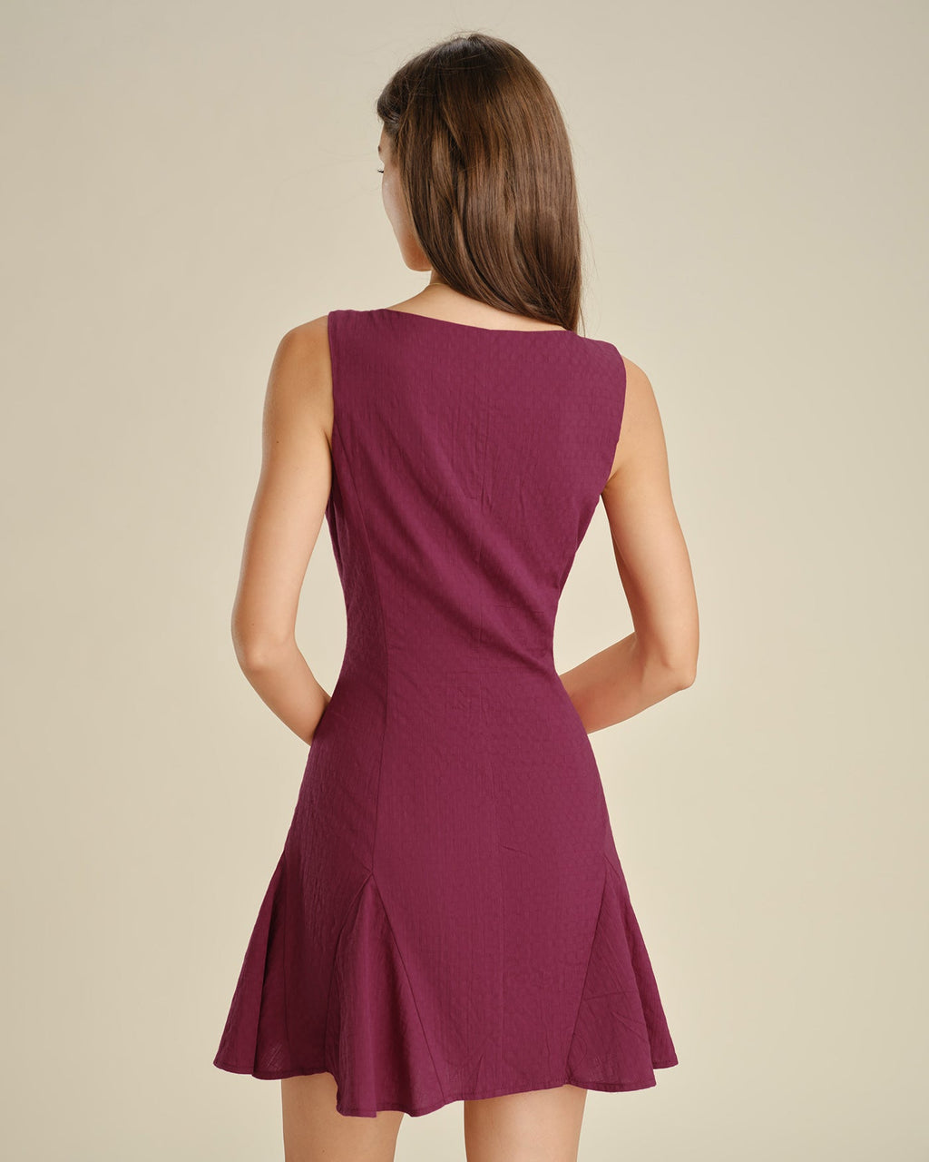Red Square Neck Mini Dress with Button Details