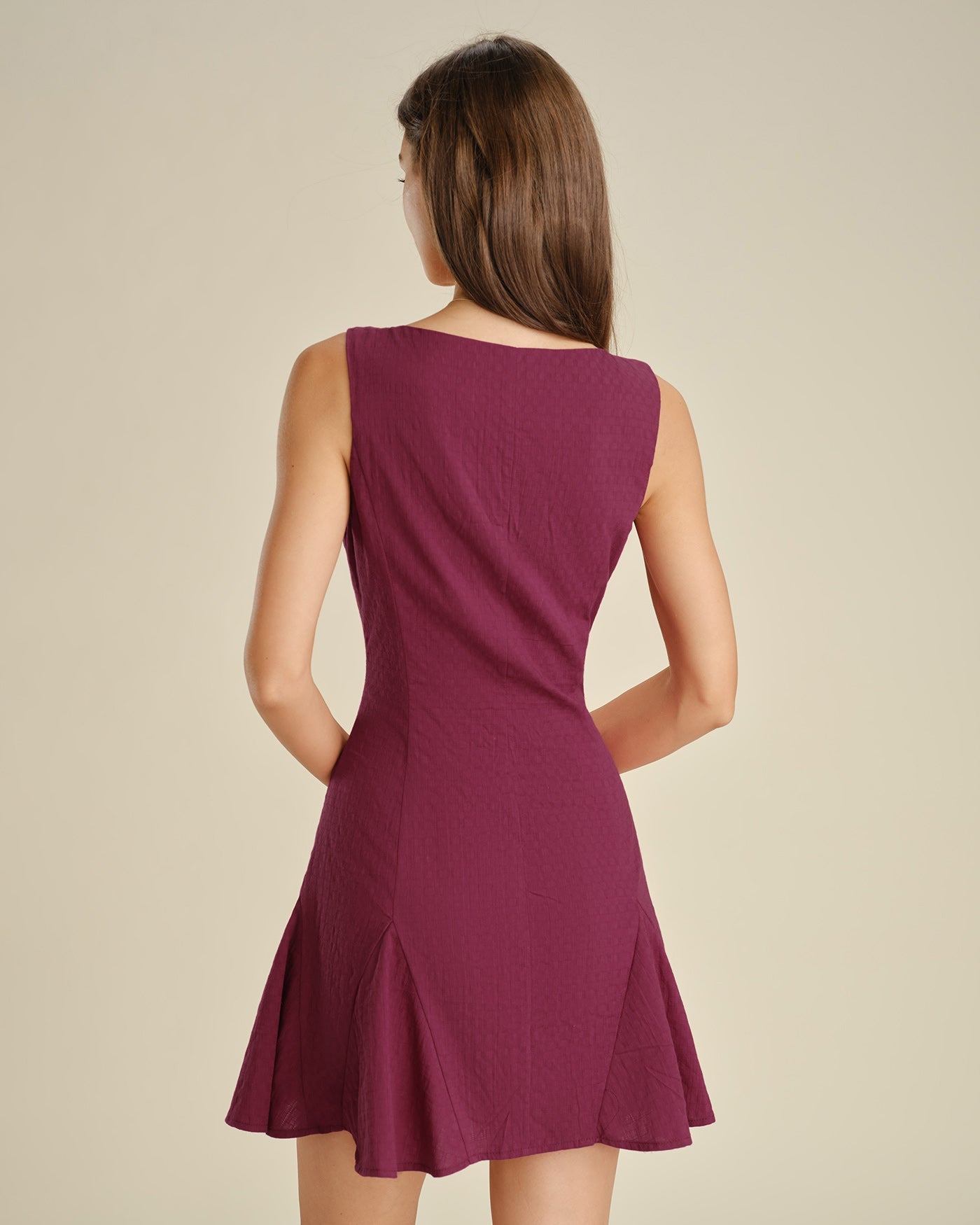Red Square Neck Mini Dress with Button Details