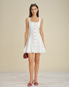 White A-Line Mini Dress with Square Neck and Button Details