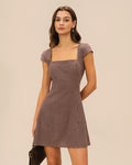 Plaid Mini Dress with Brown Square Neckline