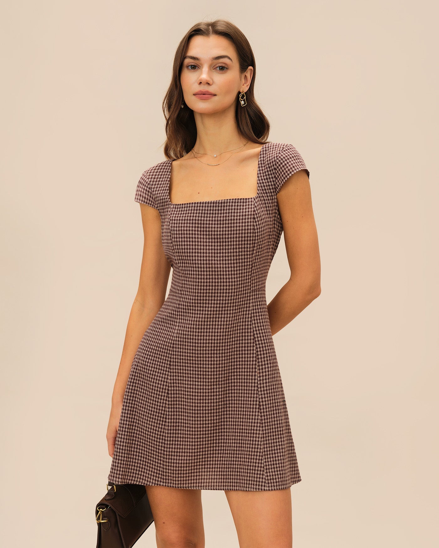 Plaid Mini Dress with Brown Square Neckline