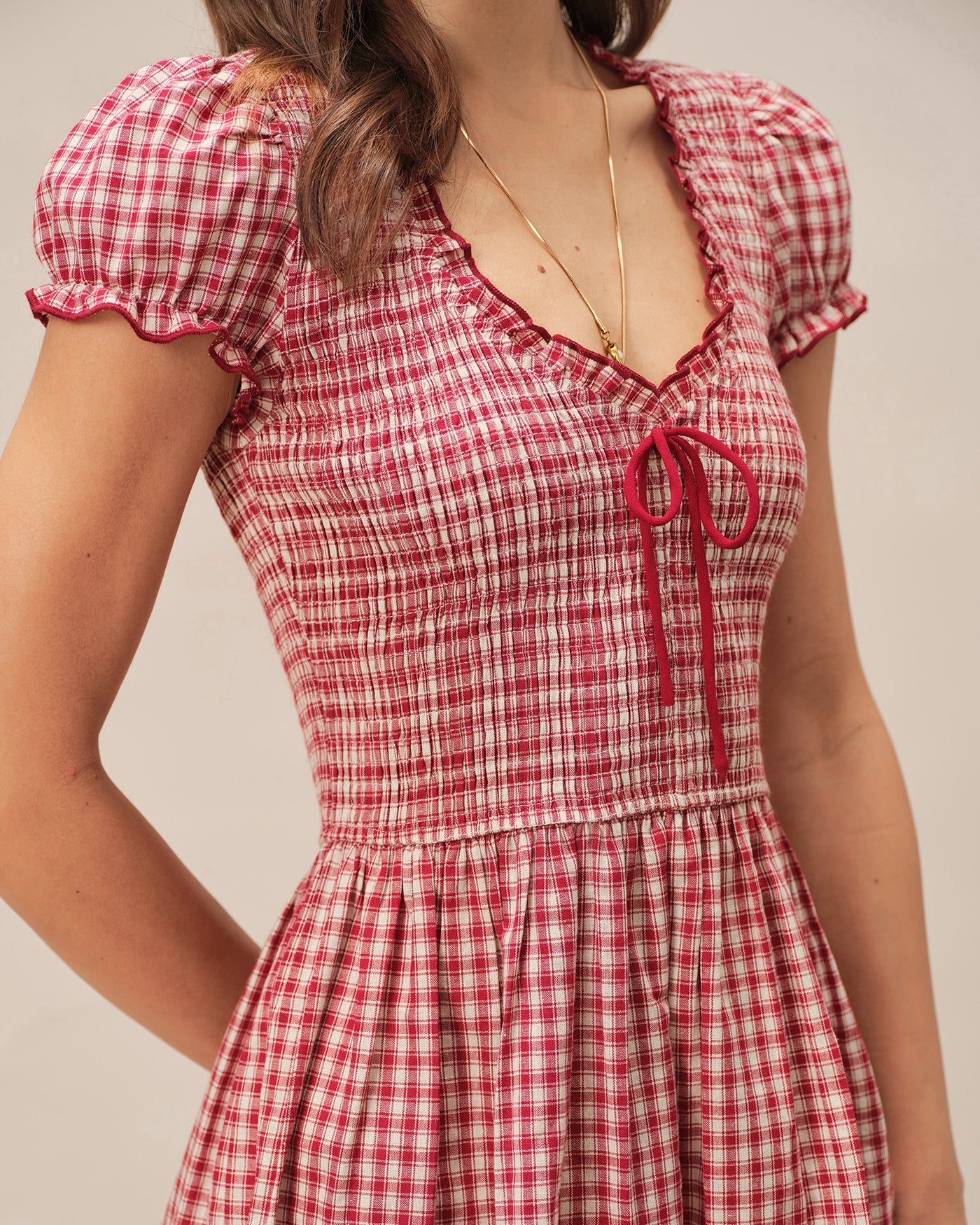 Plaid Mini Dress with Red V-Neck