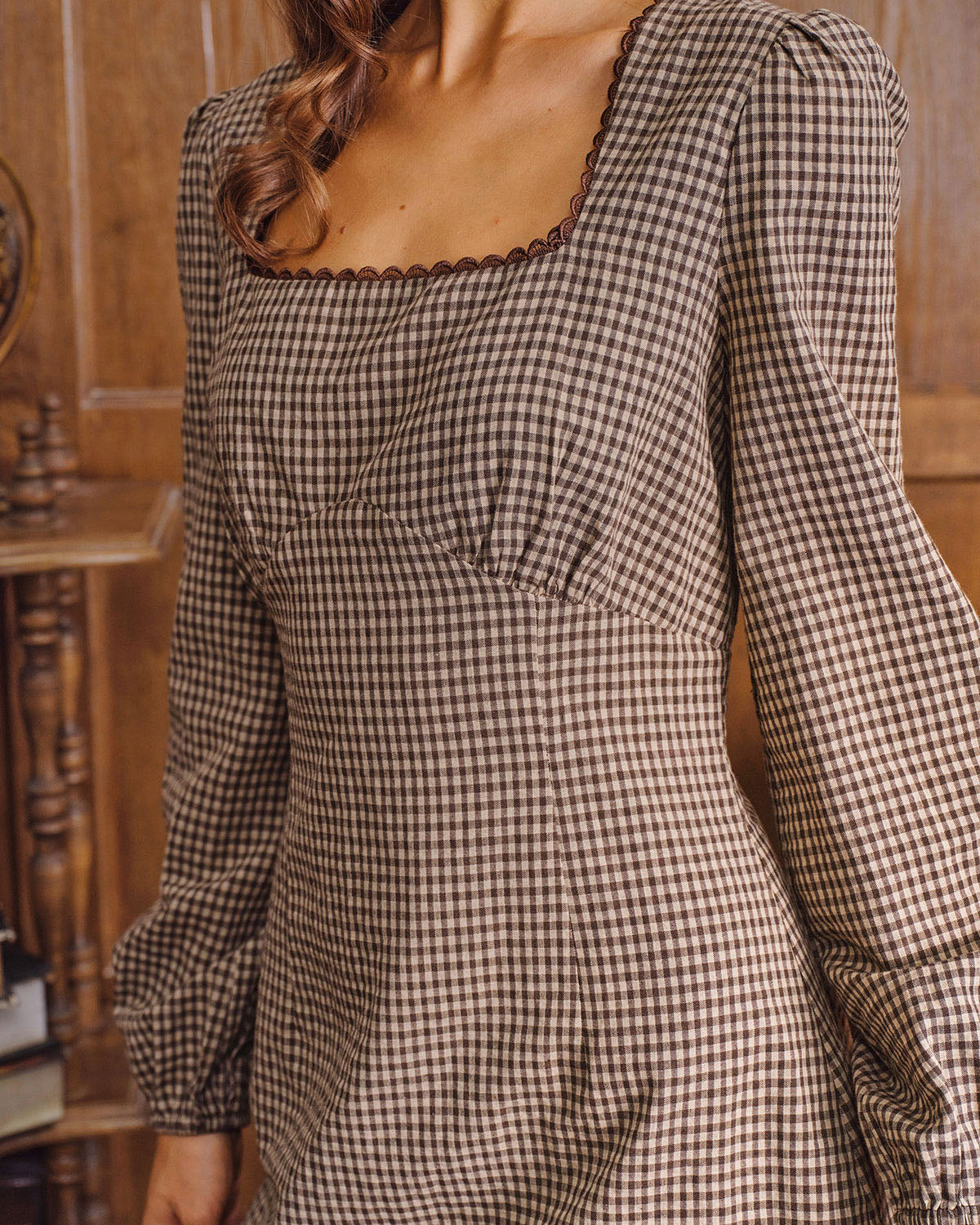 Brown Plaid A-Line Mini Dress with Square Neck