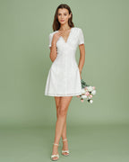 White Lace Mini Dress with V-Neck Embroidery