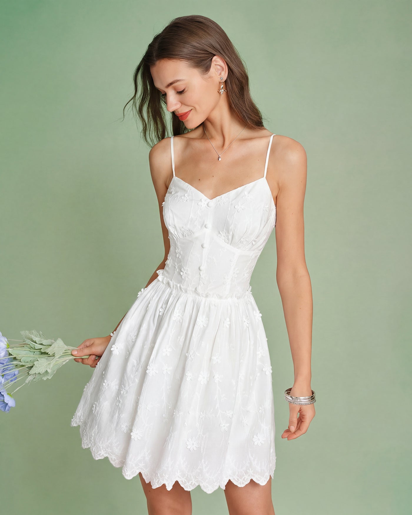 Mini Dress with White Floral Embroidery