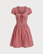 Plaid Mini Dress with Red V-Neck