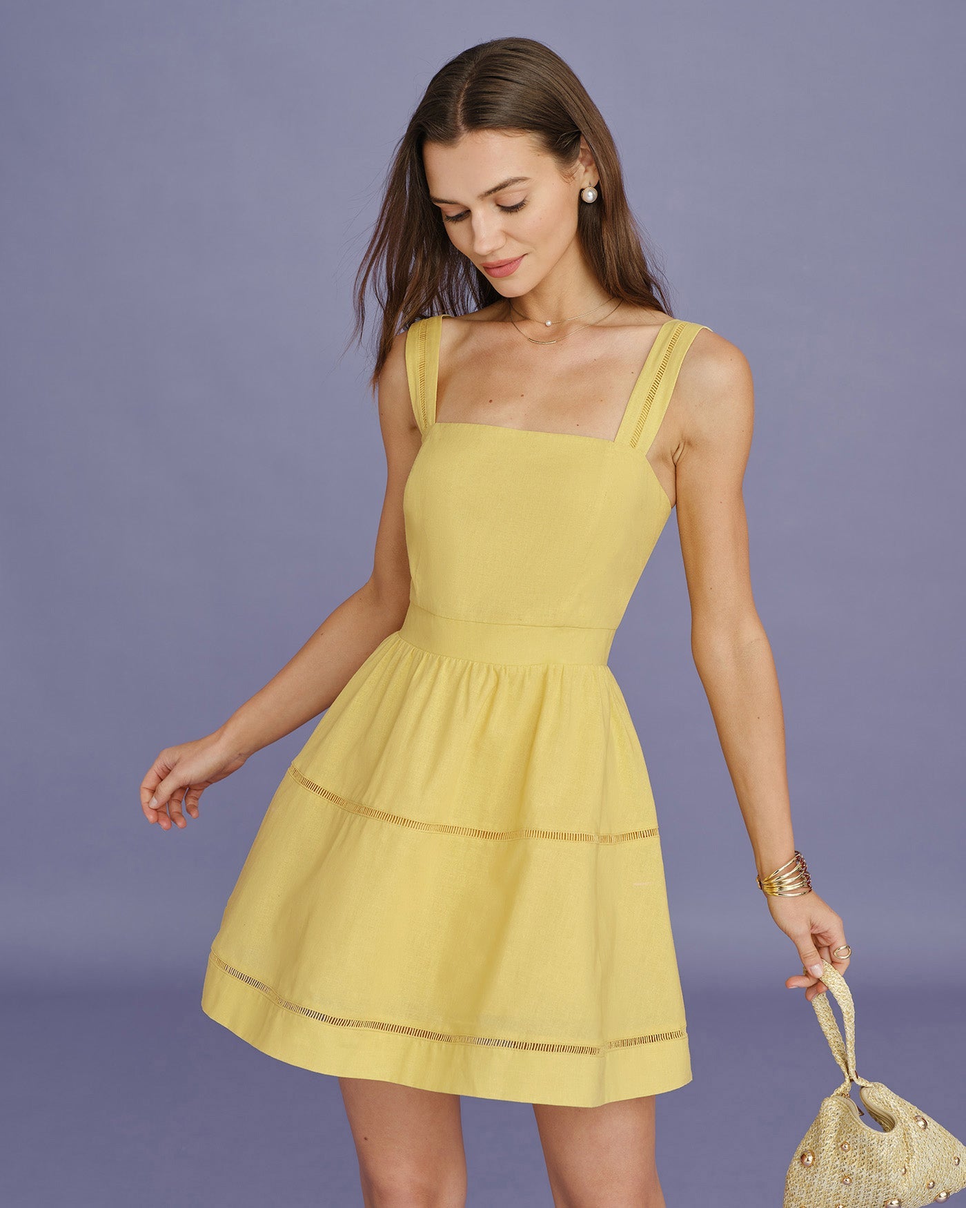 Shirred Mini Dress with Square Neck in Yellow