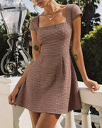 Plaid Mini Dress with Brown Square Neckline