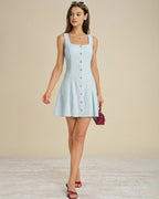 Textured Mini Dress with Blue Square Neck