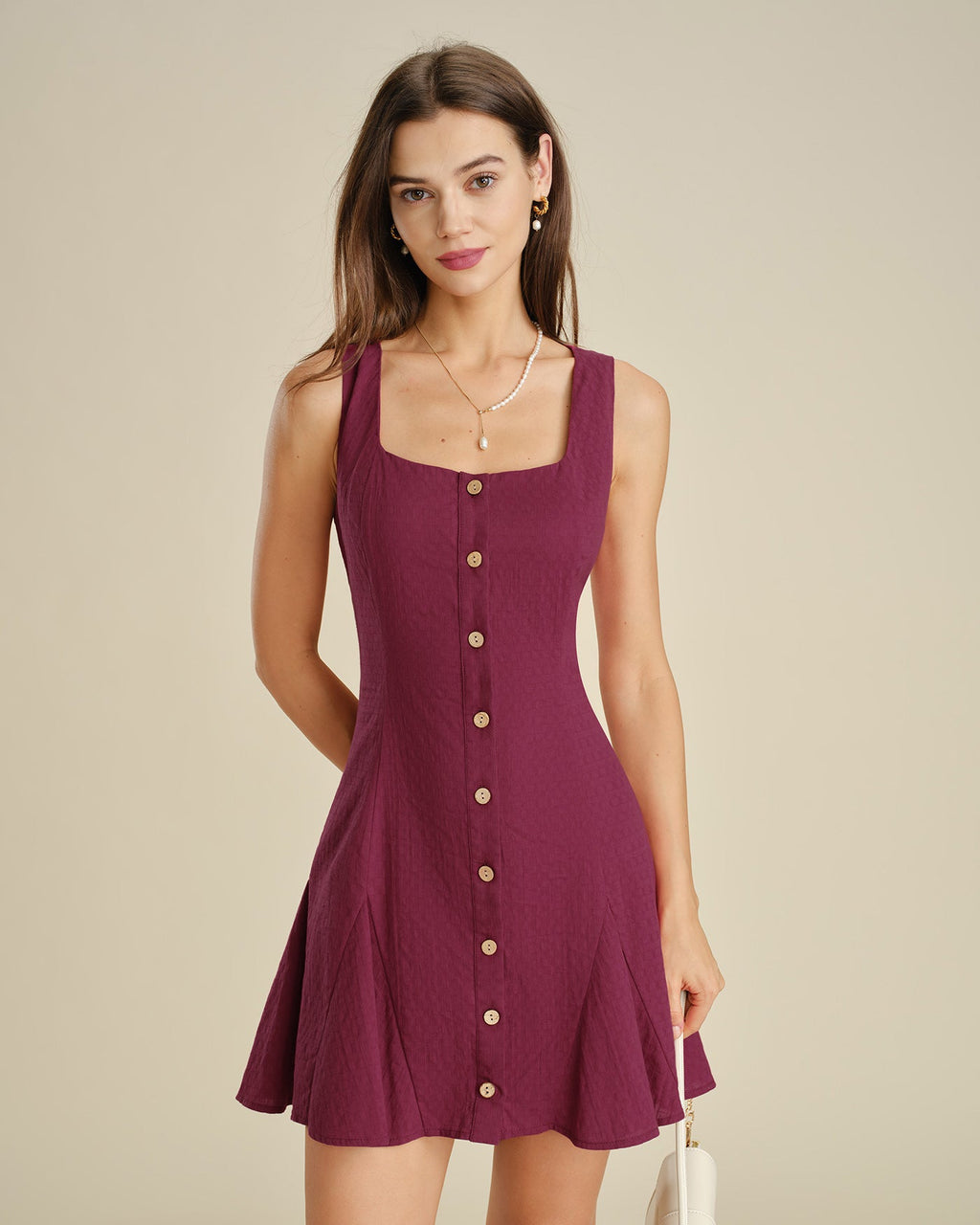 Red Square Neck Mini Dress with Button Details