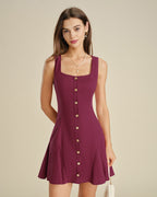 Red Square Neck Mini Dress with Button Details