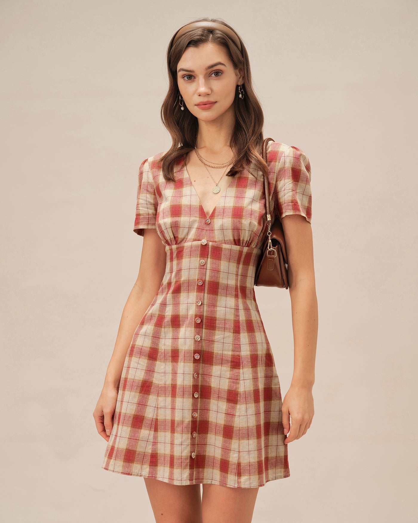 V-Neck Mini Dress in Red Plaid