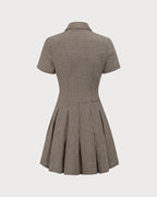 Brown Plaid Pleated Mini Dress with Lapel
