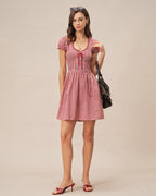 Plaid Mini Dress with Red V-Neck