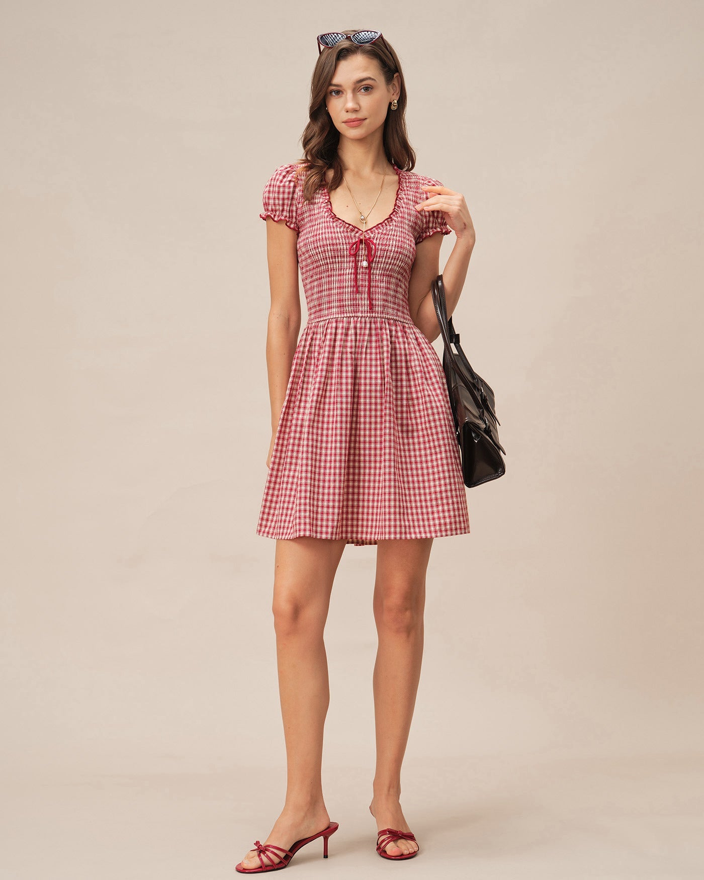 Plaid Mini Dress with Red V-Neck