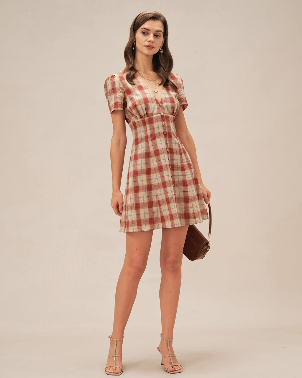 V-Neck Mini Dress in Red Plaid