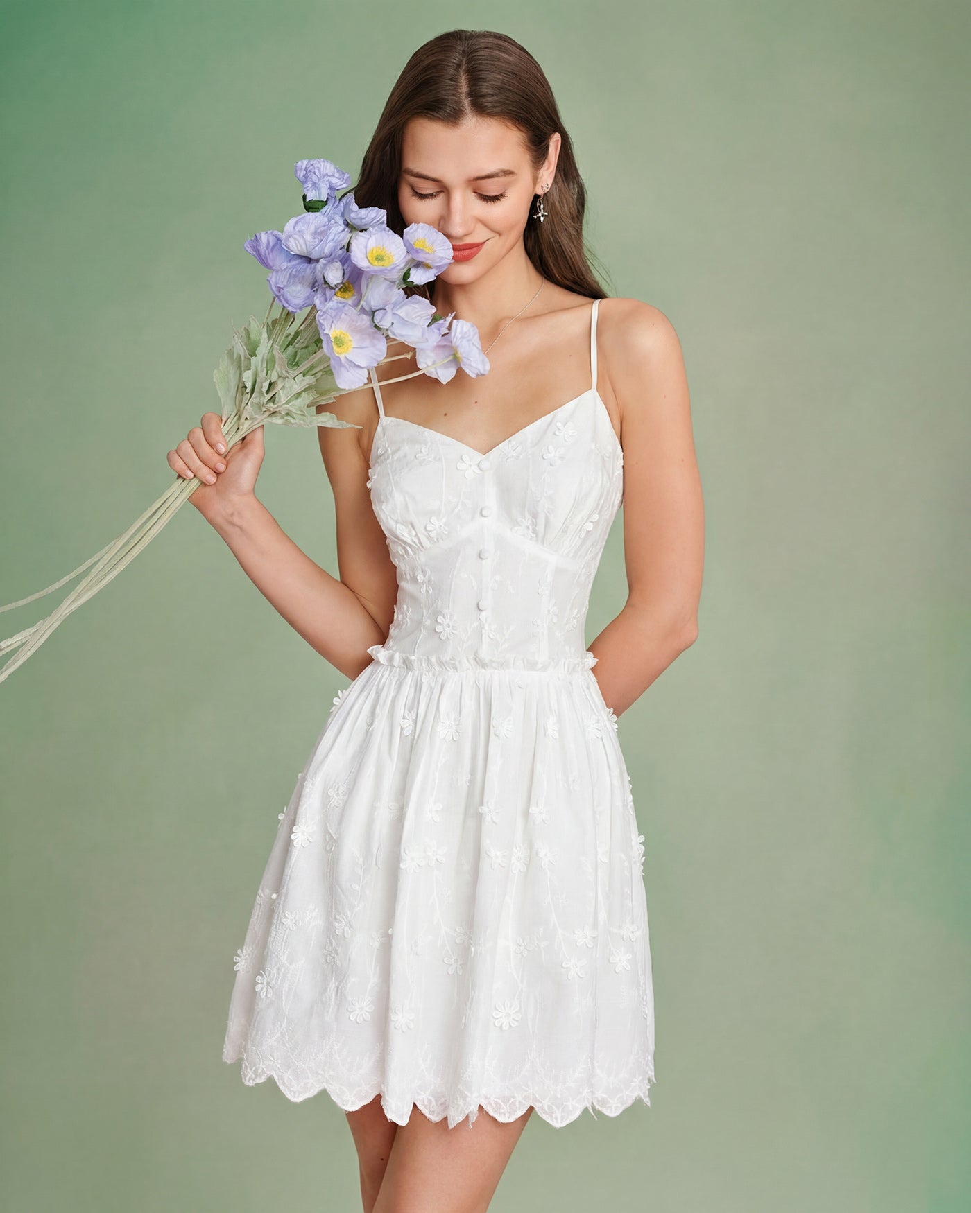 Mini Dress with White Floral Embroidery
