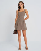 Ruched Mini Dress in Brown Plaid