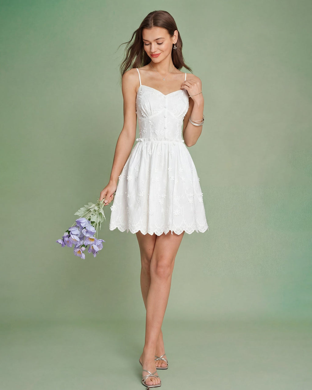 Mini Dress with White Floral Embroidery