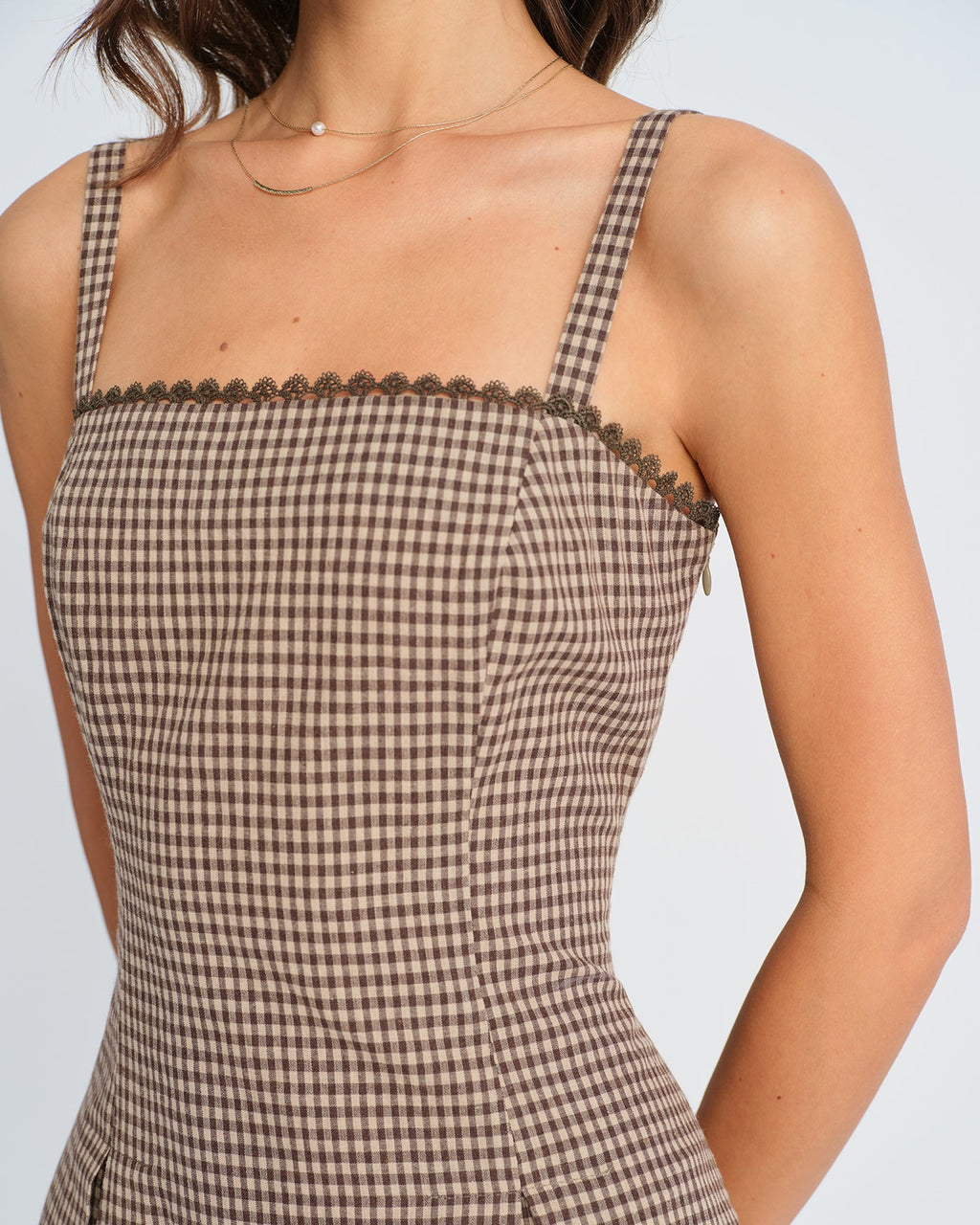 Ruched Mini Dress in Brown Plaid