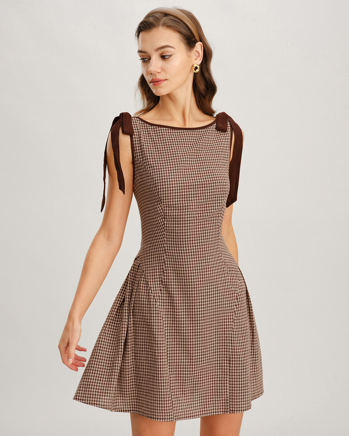 Brown Gingham Mini Dress with Tie Straps