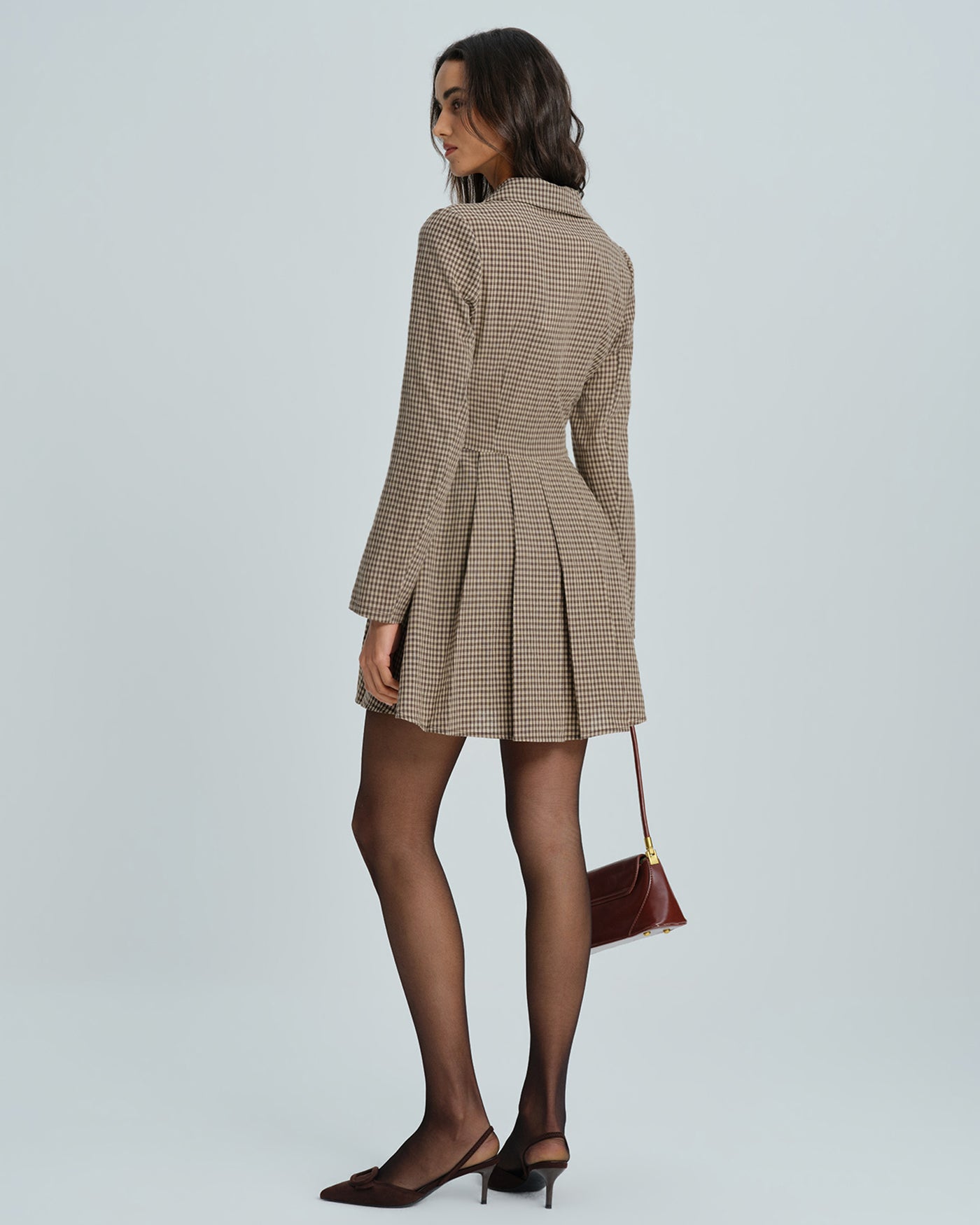 Brown Gingham Cotton Mini Dress with Collar