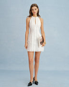 White Mandarin Collar Mini Dress with Cut-Out Details