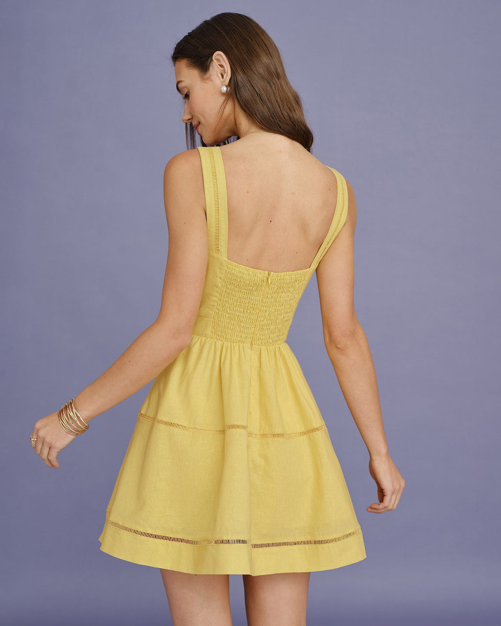 Shirred Mini Dress with Square Neck in Yellow