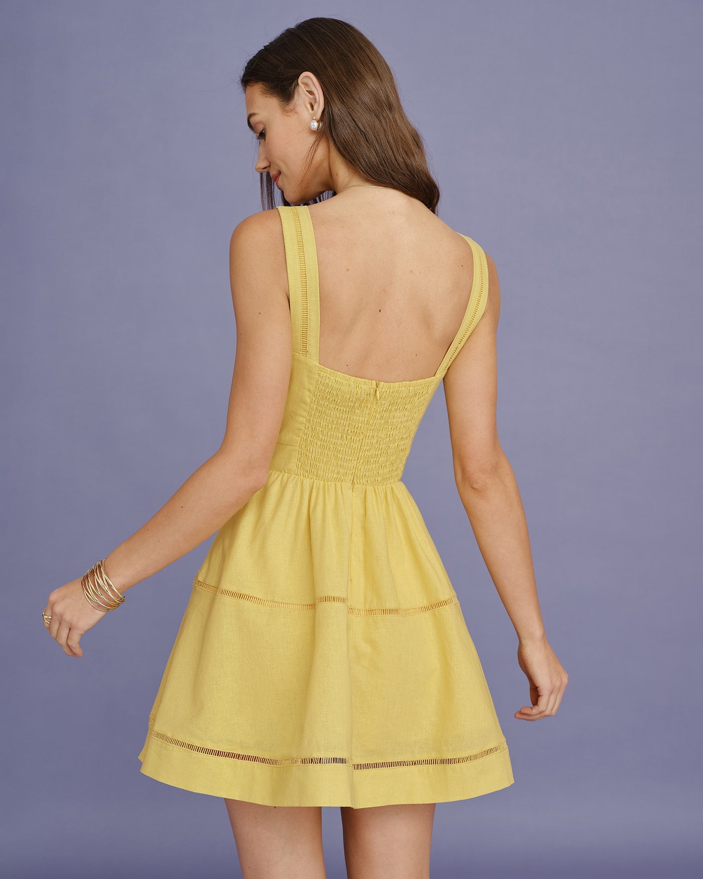 Shirred Mini Dress with Square Neck in Yellow