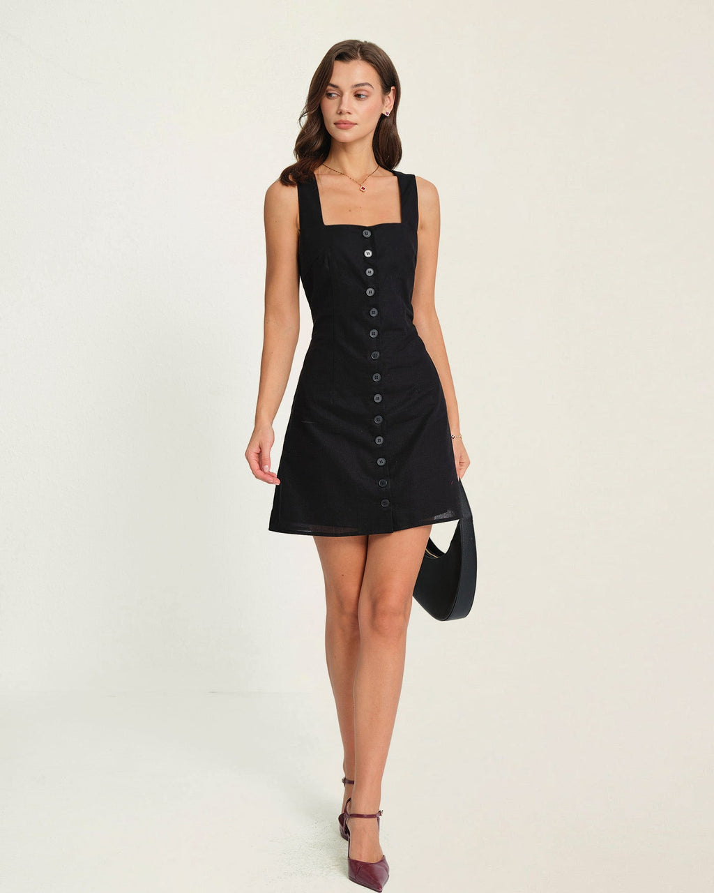 Mini Dress with Black Button and Square Neckline