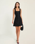 Mini Dress with Black Button and Square Neckline