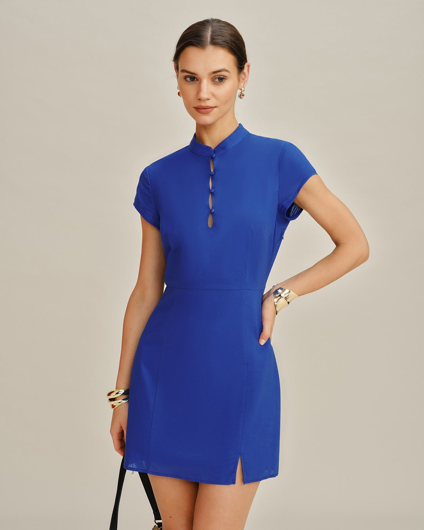 Blue Mandarin Collar Mini Dress with Slit