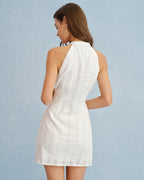 White Mandarin Collar Mini Dress with Cut-Out Details