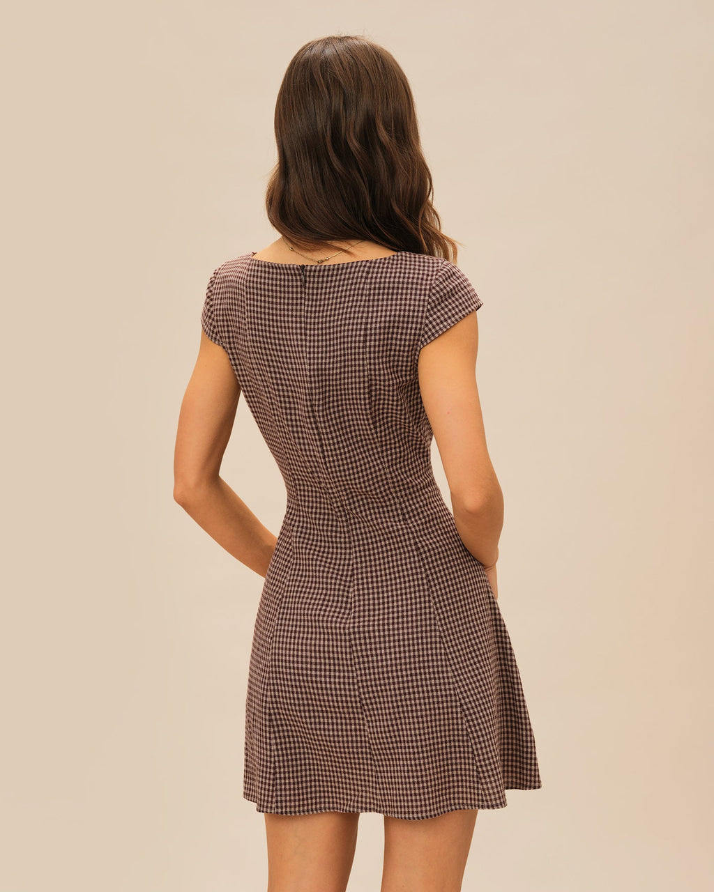 Plaid Mini Dress with Brown Square Neckline