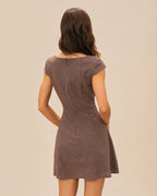 Plaid Mini Dress with Brown Square Neckline