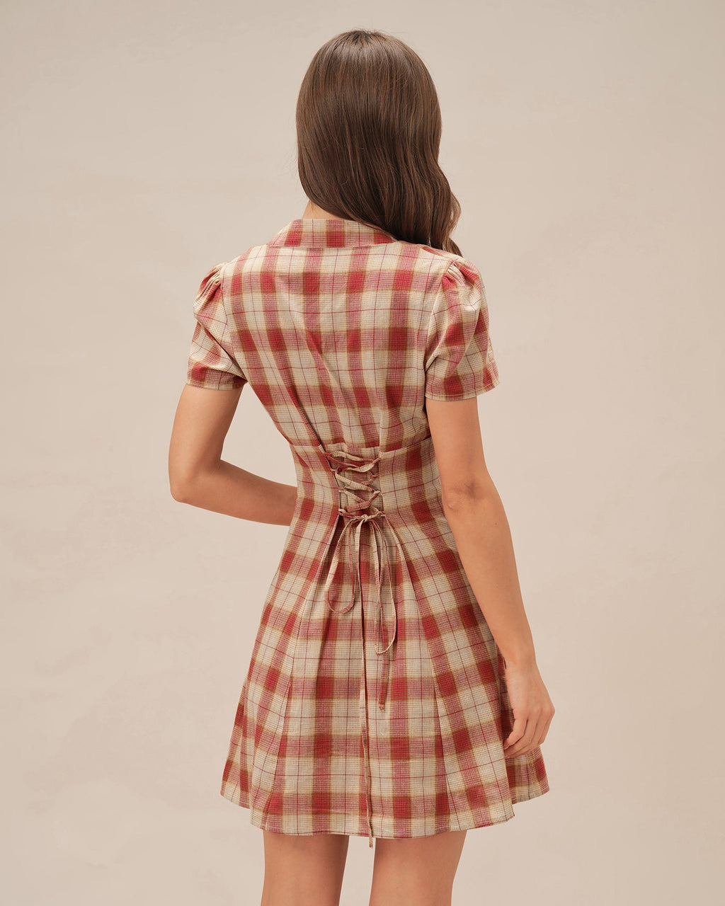 V-Neck Mini Dress in Red Plaid