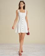 White A-Line Mini Dress with Square Neck and Button Details