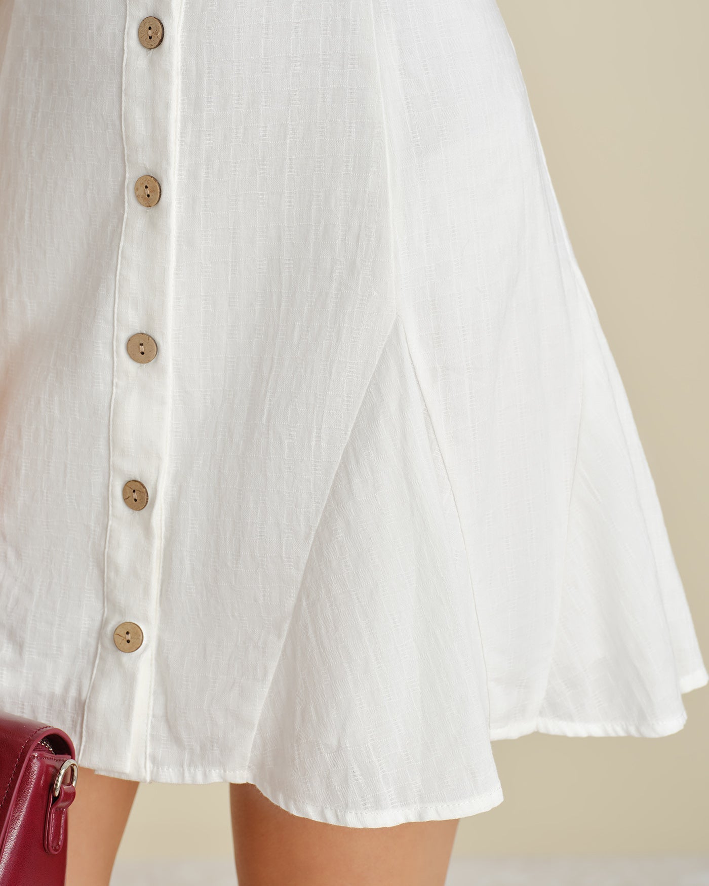 White A-Line Mini Dress with Square Neck and Button Details